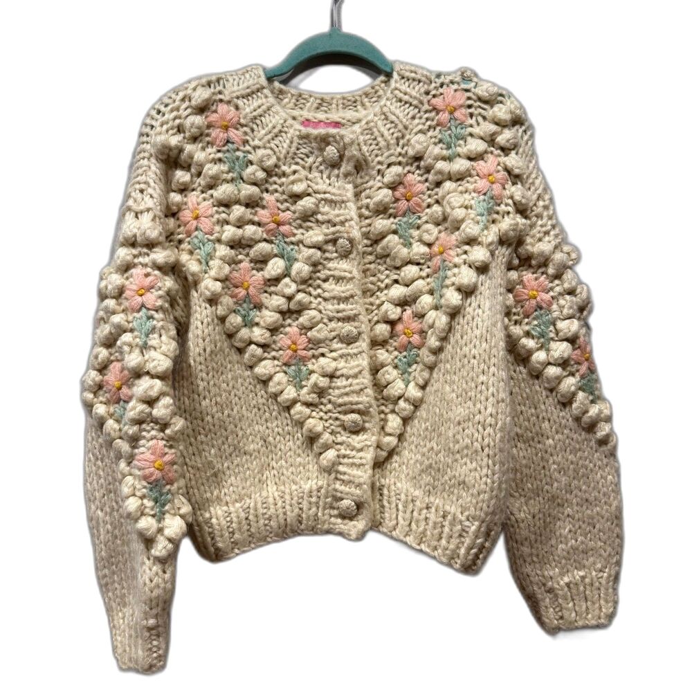 Sugar Thrillz Cardigan Sweater Chunky Knit Floral Cream Cottagecore Women Medium